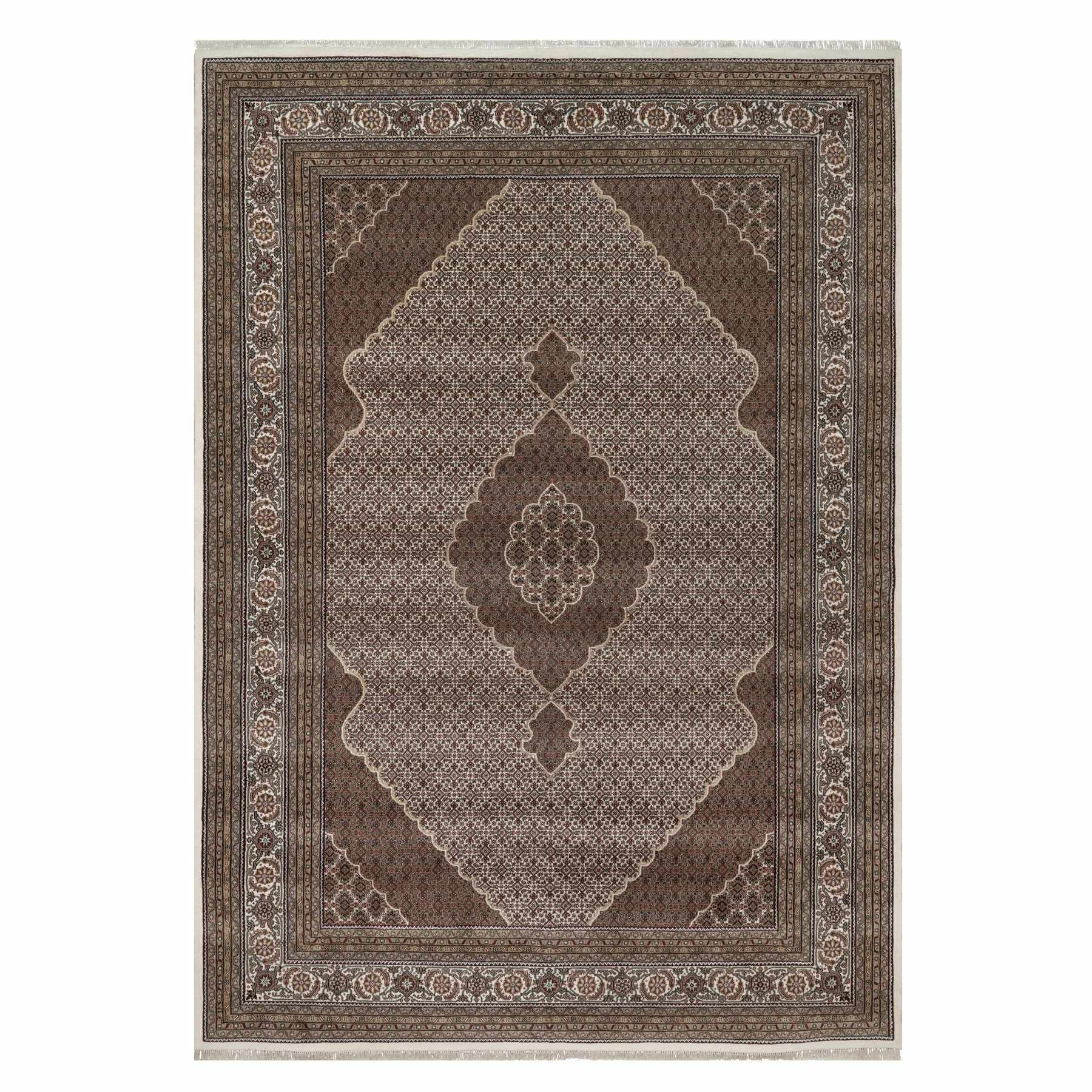 Pearl White, Hand Knotted, Tabriz Mahi with Fish Medallion Design, 100% Wool, 175 KPSI, Oriental Rug